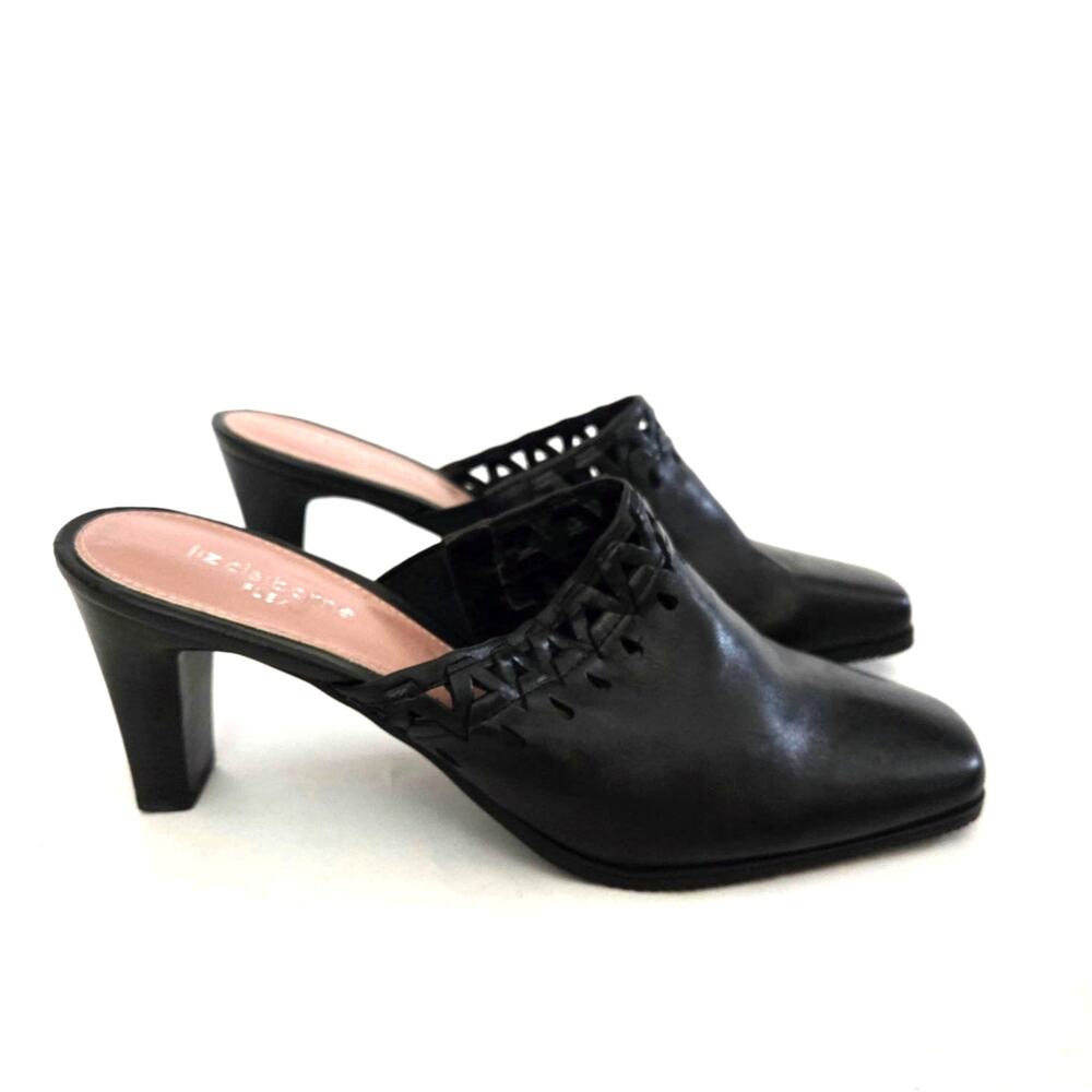 Liz Claiborne Flex Black Leather Lasercut Slip On Mule Heels Retro Goth Sz 8